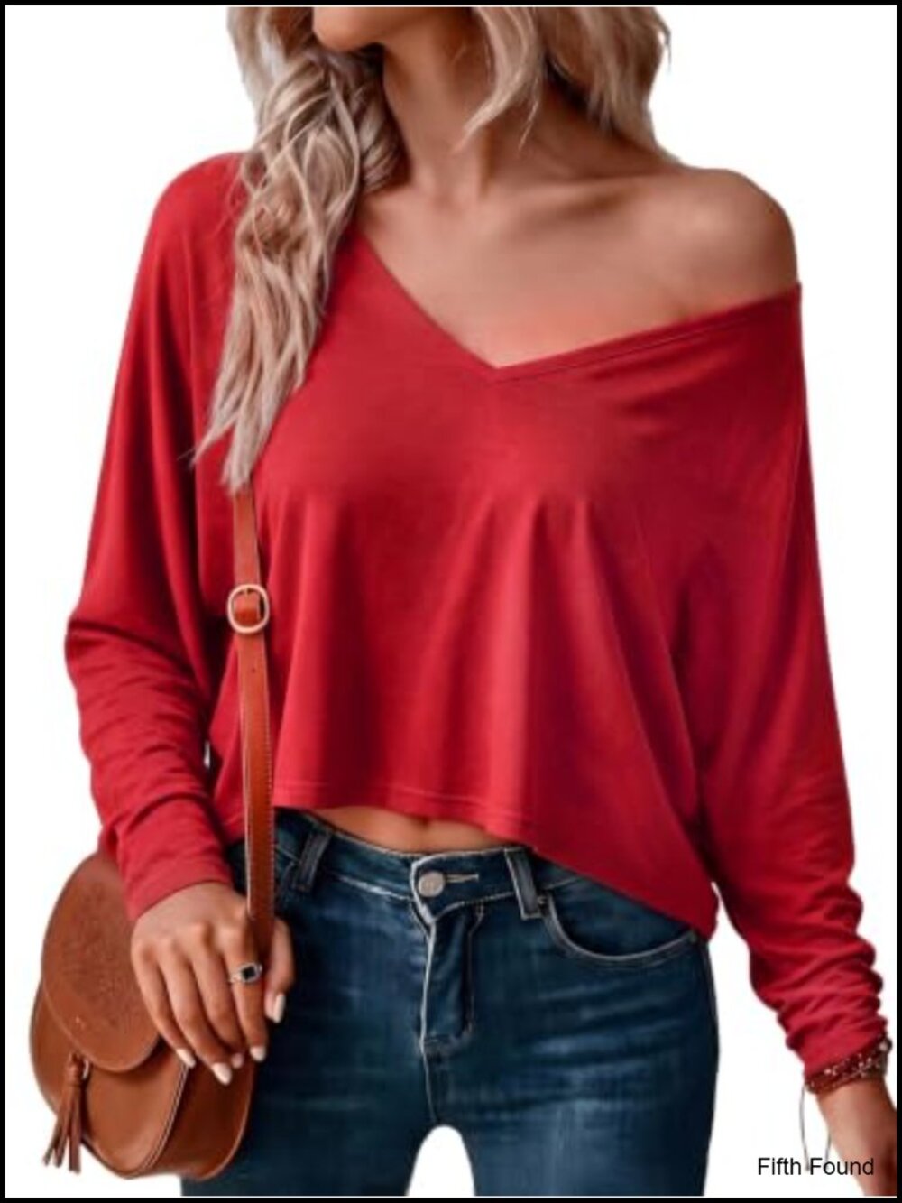 Off Shoulder Cropped Top Batwing V Neck Long Sleeve Y2K Stretch